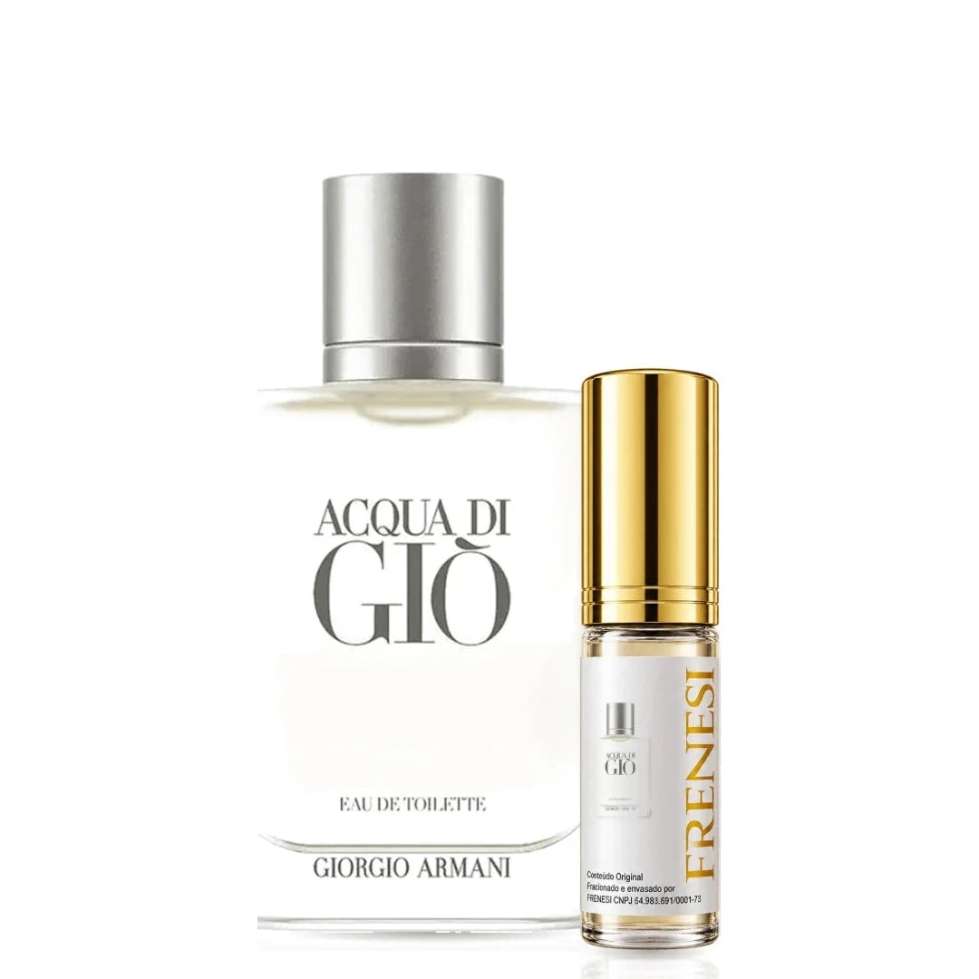 Acqua Di Giò Eau de Toilette, de Giorgio Armani, ao lado do decant da Frenesi