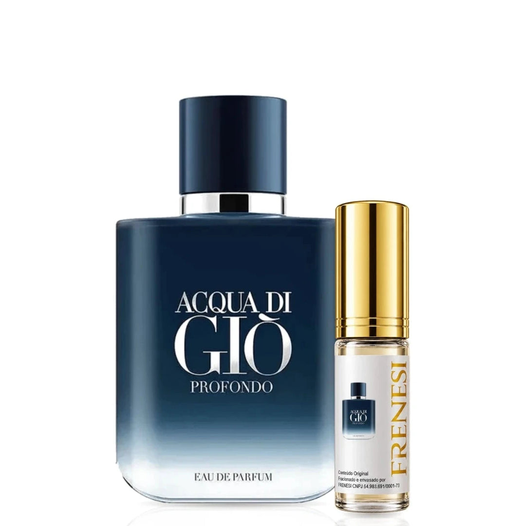 Acqua di Giò Profondo Eau de Parfum, de Giorgio Armani, ao lado do decant da Frenesi