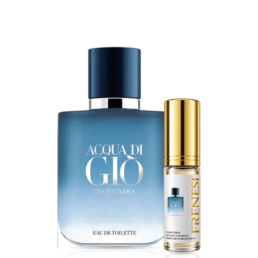 Acqua di Giò Profondo Eau de Toilette, de Giorgio Armani, ao lado do decant da Frenesi