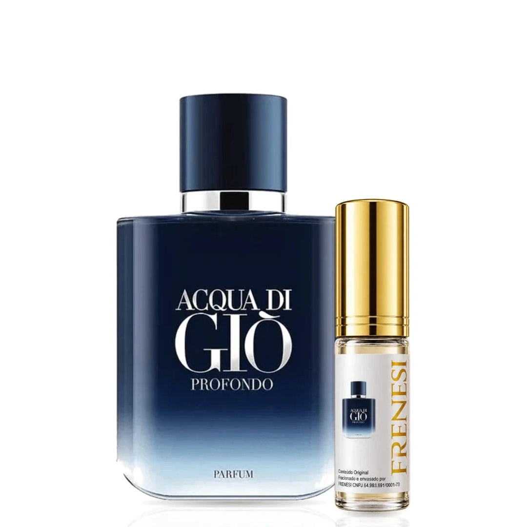 Acqua di Giò Profondo Parfum, de Giorgio Armani, ao lado do decant da Frenesi
