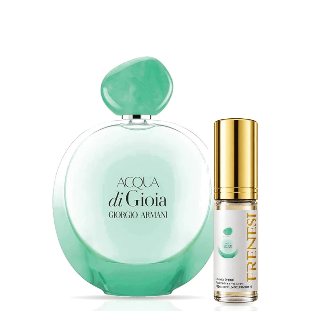 Acqua di Gioia Eau de Parfum Intense, de Giorgio Armani, ao lado do decant da Frenesi