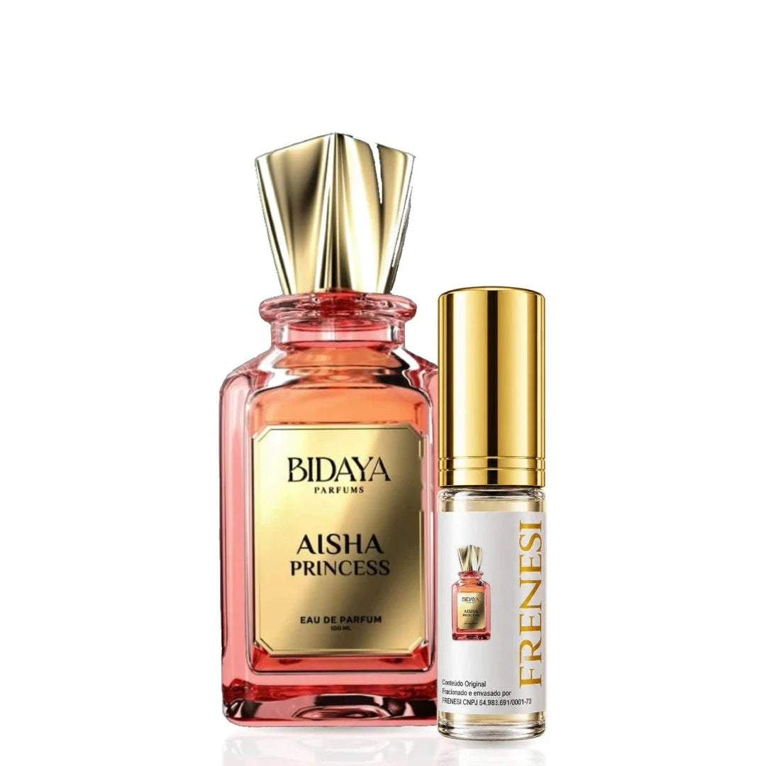 Aisha Princess Eau de Parfum, de Bidaya, ao lado do decant da Frenesi