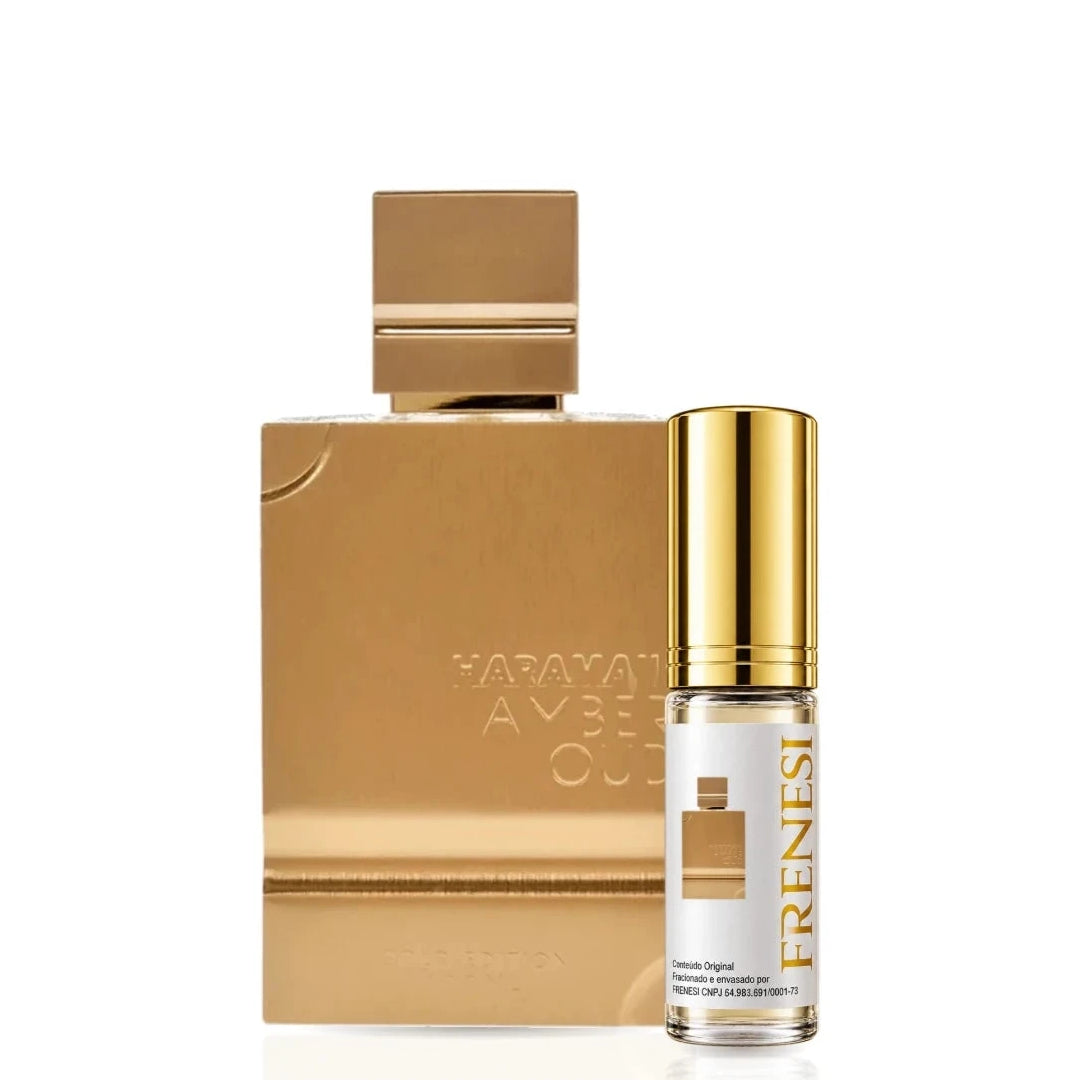 Amber Oud Gold Edition Eau de Parfum, de Al Haramain, ao lado do decant da Frenesi