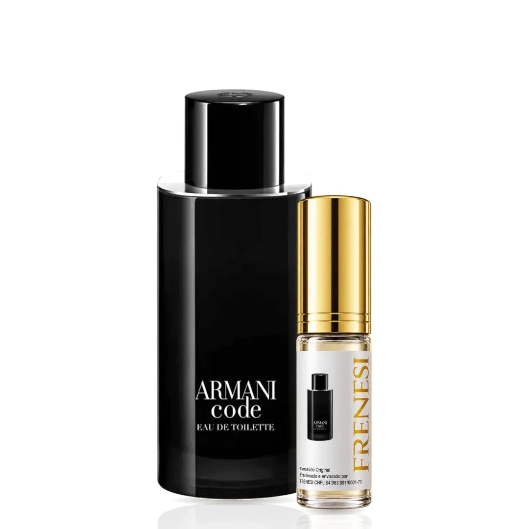 Armani Code Eau de Toilette, de Giorgio Armani, ao lado do decant da Frenesi