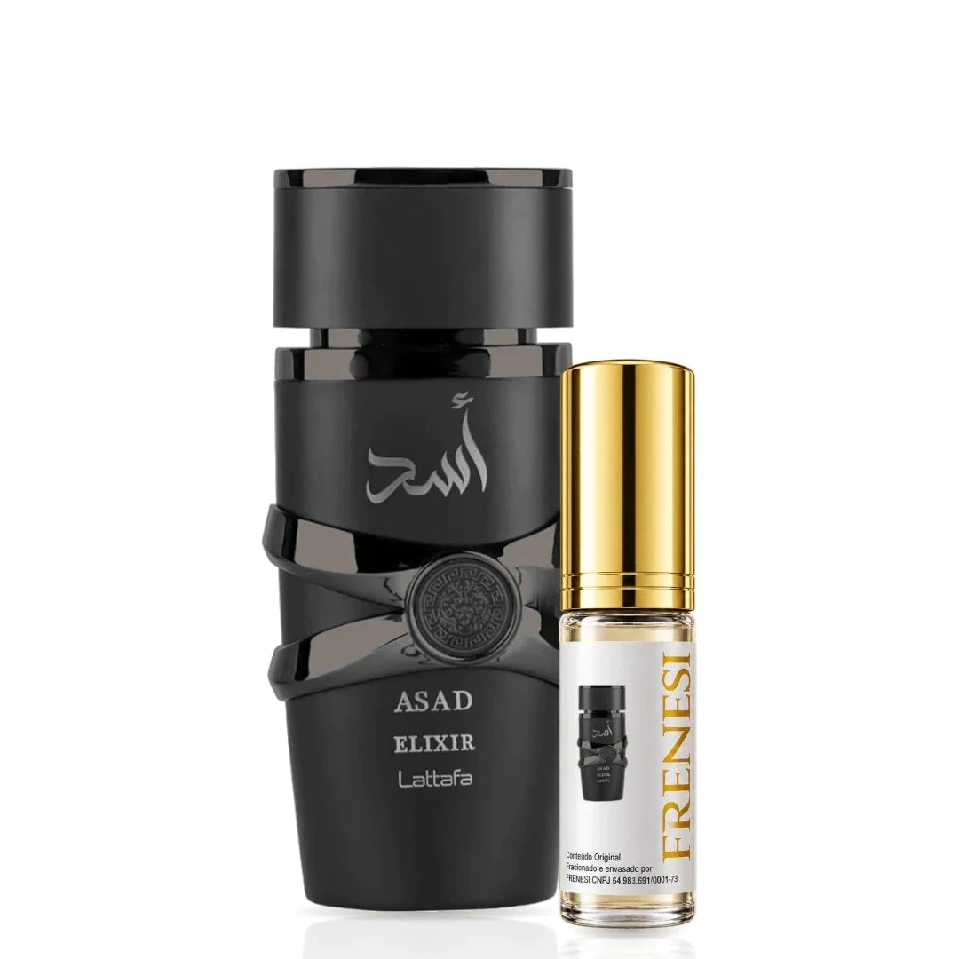 Asad Elixir Eau de Parfum, de Lattafa, ao lado do decant da Frenesi