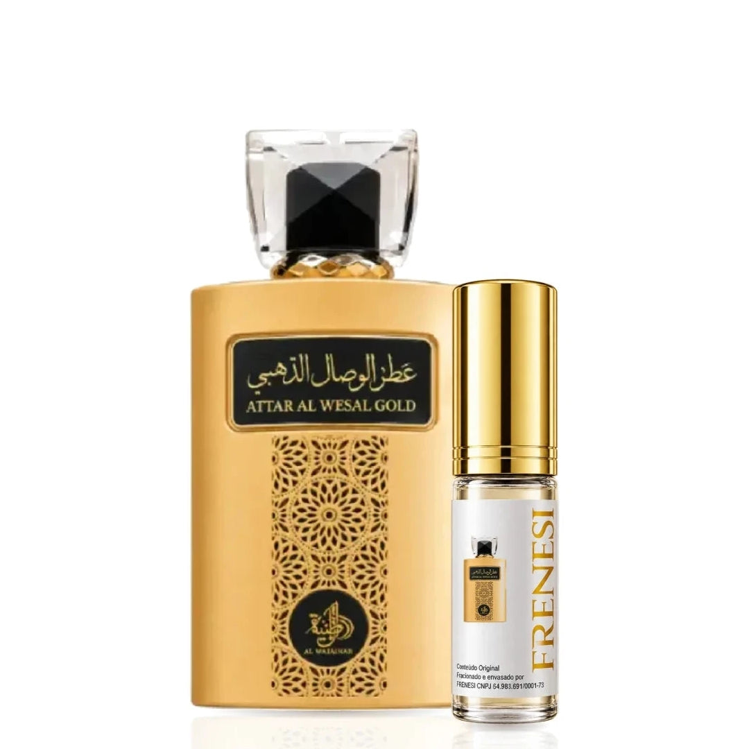 Attar Al Wesal Gold Eau de Parfum, de Al Wataniah, ao lado do decant da Frenesi