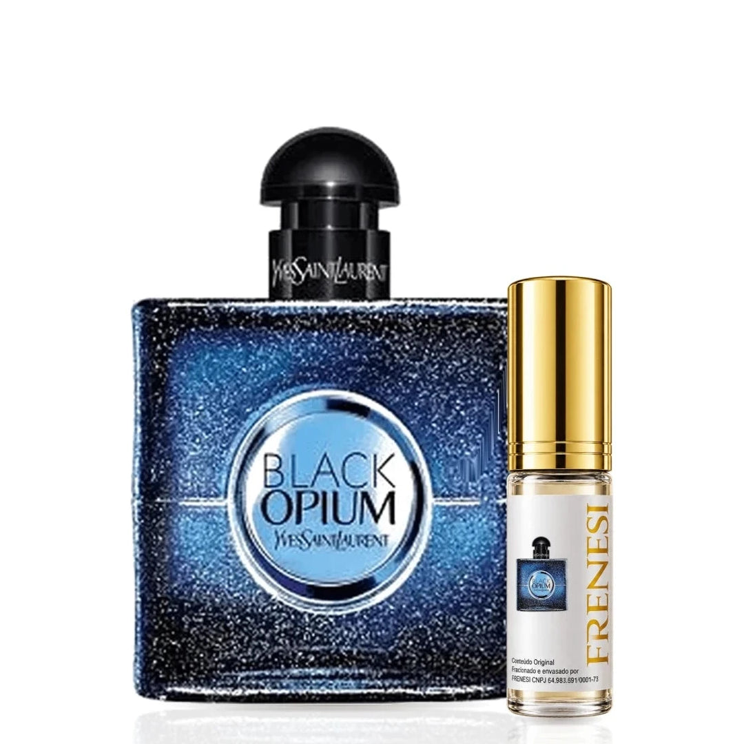 Black Opium Intense Eau de Parfum, de Yves Saint Laurent, ao lado do decant da Frenesi