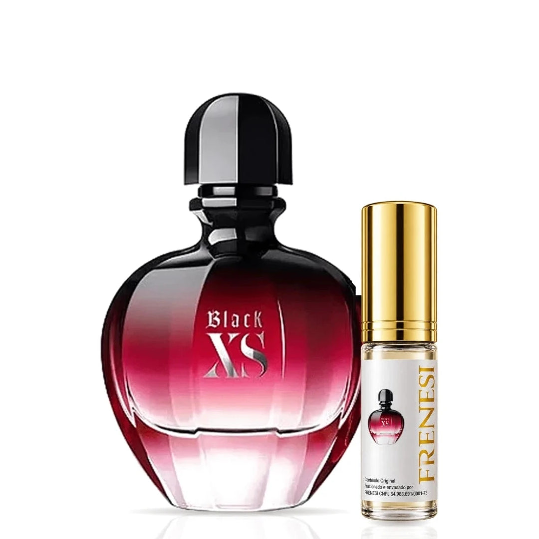 Black XS Eau de Parfum, de Paco Rabanne, ao lado do decant da Frenesi