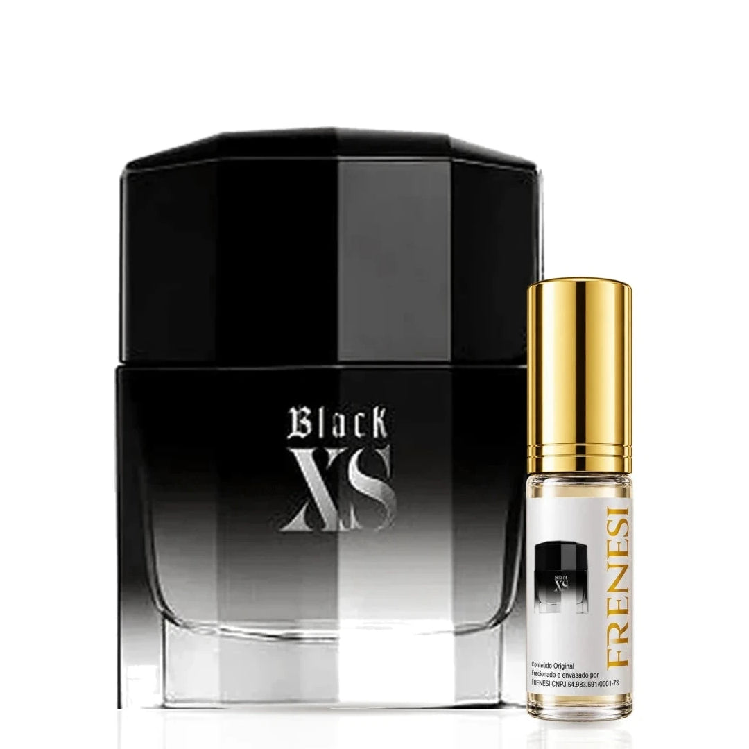 Black XS Eau de Toilette, de Paco Rabanne, ao lado do decant da Frenesi