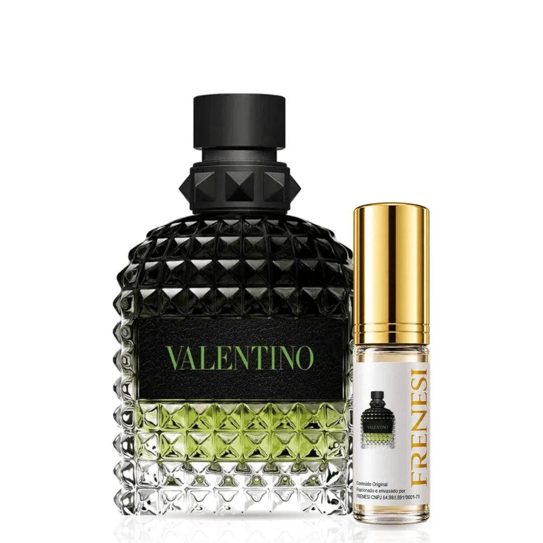 Born In Roma Green Stravaganza Uomo Eau de Toilette, de Valentino, ao lado do decant da Frenesi