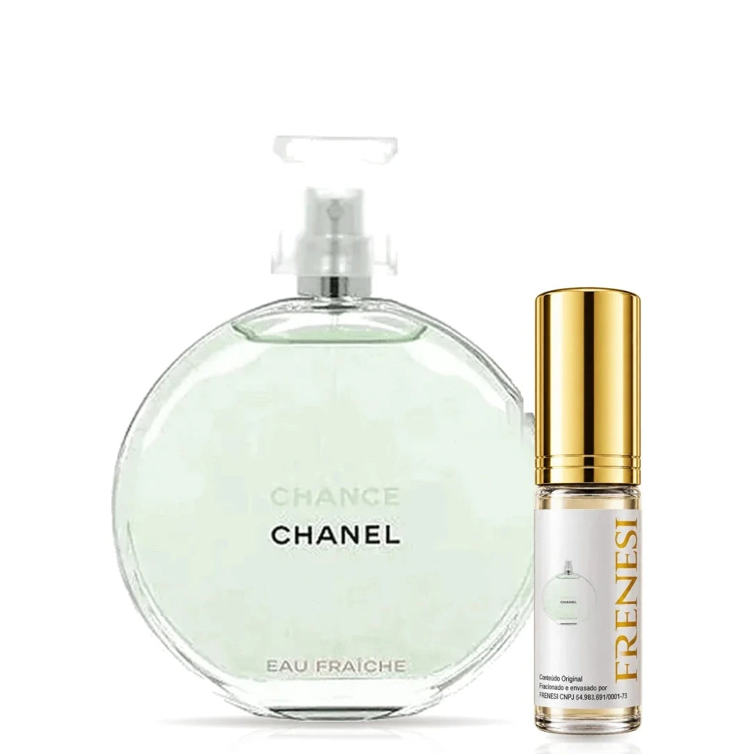 Chance Eau Fraîche Eau de Toilette, de Chanel, ao lado do decant da Frenesi