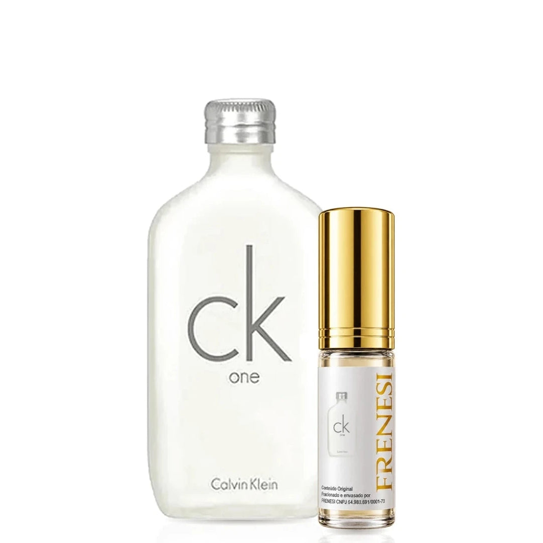 CK One Eau de Toilette, de Calvin Klein, ao lado do decant da Frenesi