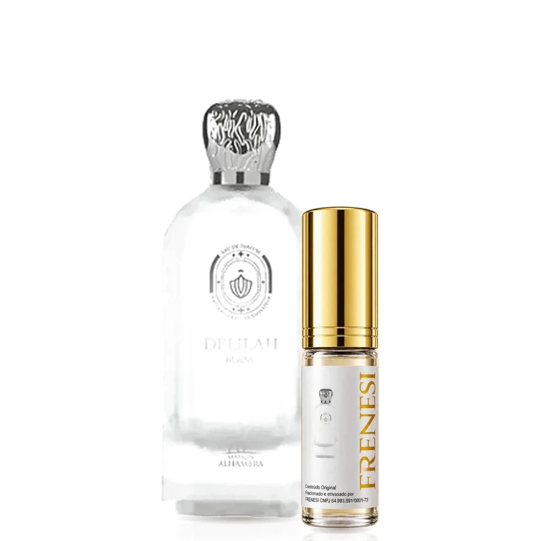 Delilah Blanc Eau de Parfum, de Maison Alhambra, ao lado do decant da Frenesi