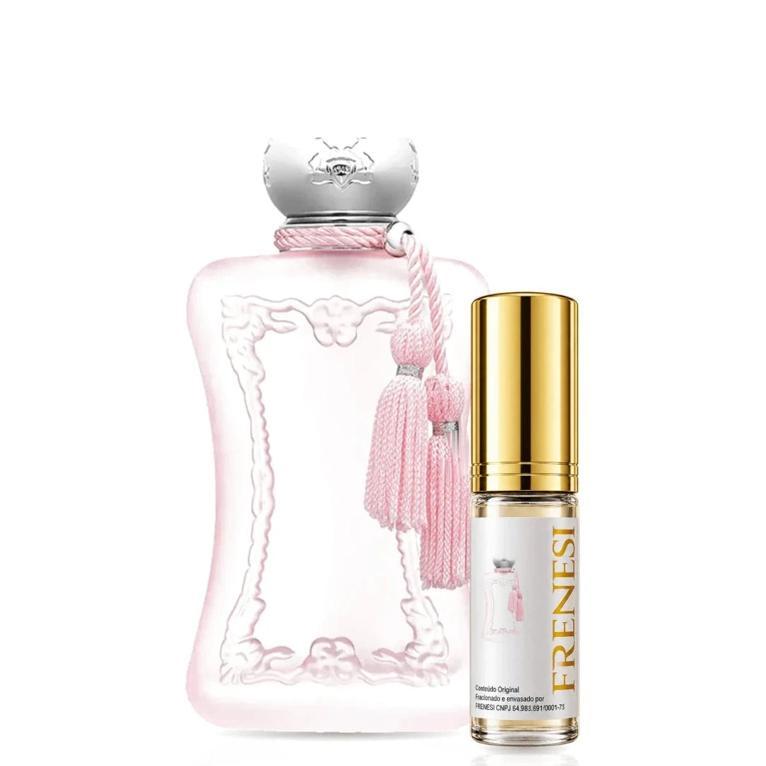 Delina La Rosée Eau de Parfum, de Parfums de Marly, ao lado do decant da Frenesi