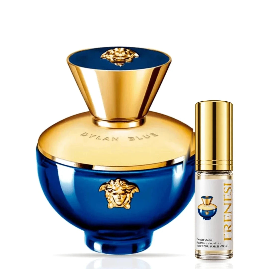 Dylan Blue Eau de Parfum, de Gianni Versace, ao lado do decant da Frenesi