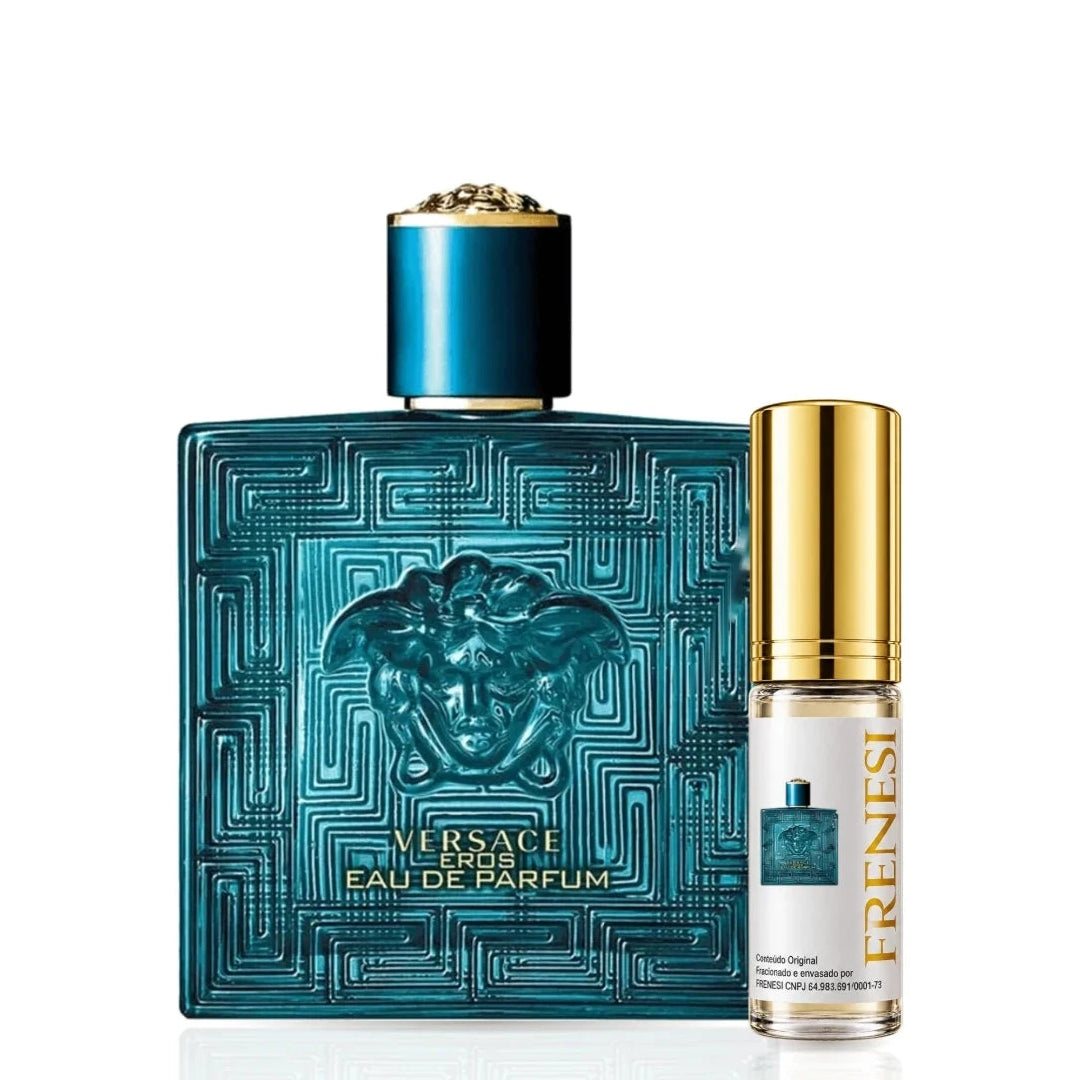 Eros Eau de Parfum, de Gianni Versace, ao lado do decant da Frenesi