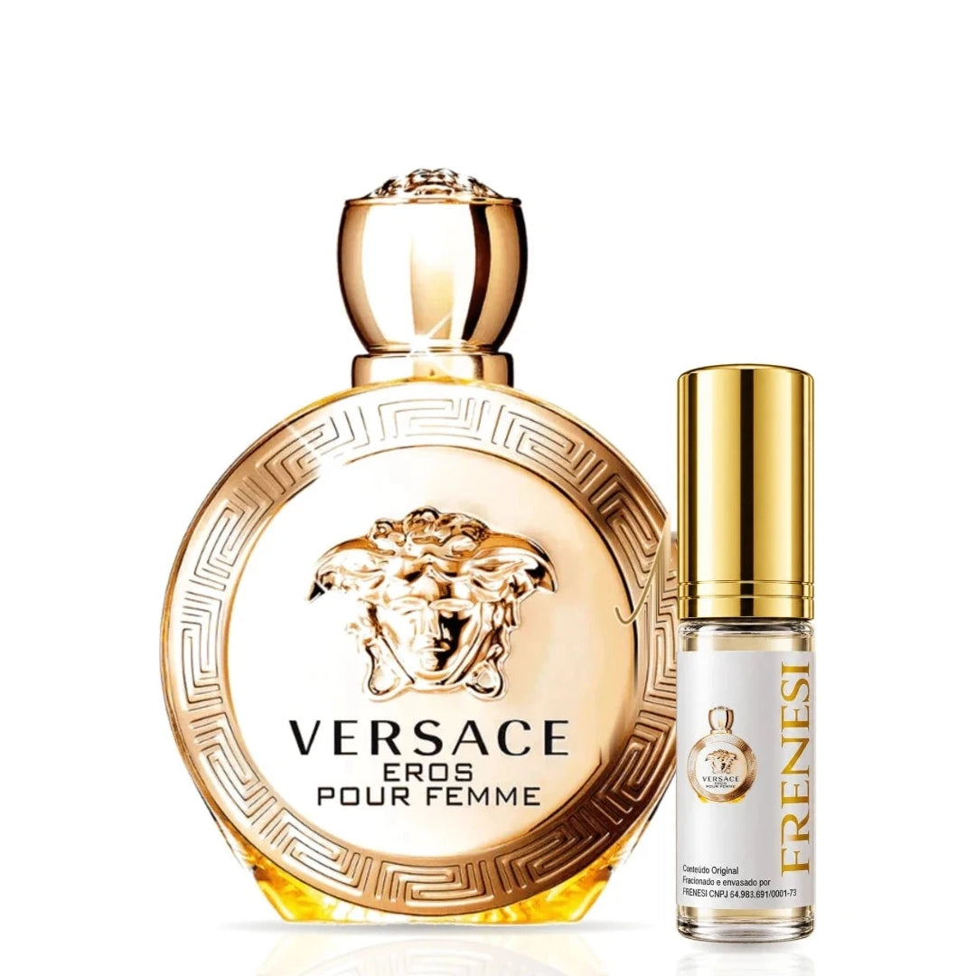 Eros Pour Femme Eau de Parfum, de Gianni Versace, ao lado do decant da Frenesi