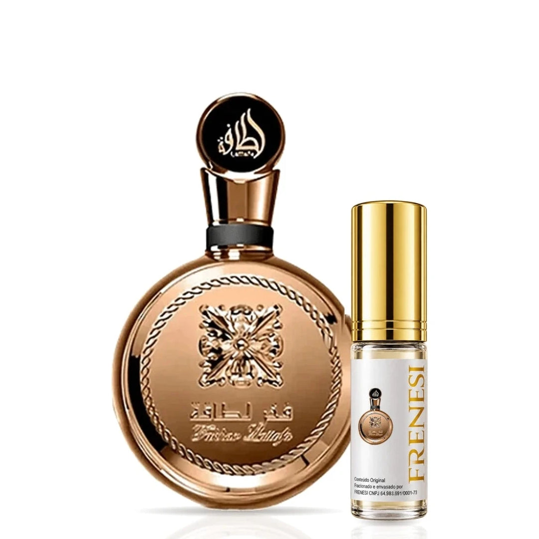 Fakhar Gold Eau de Parfum, de Lattafa, ao lado do decant da Frenesi
