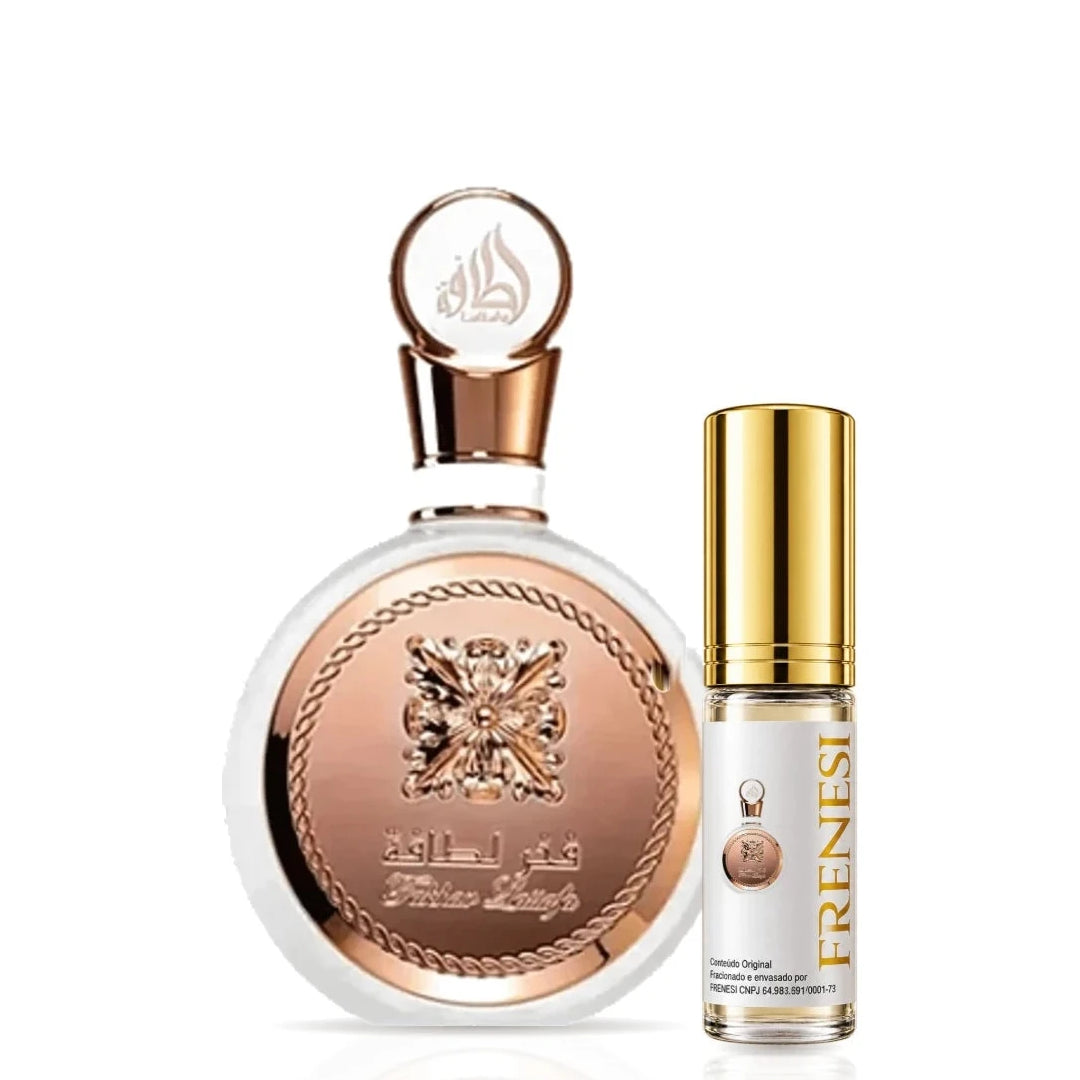 Fakhar Rosé Gold Eau de Parfum, de Lattafa, ao lado do decant da Frenesi