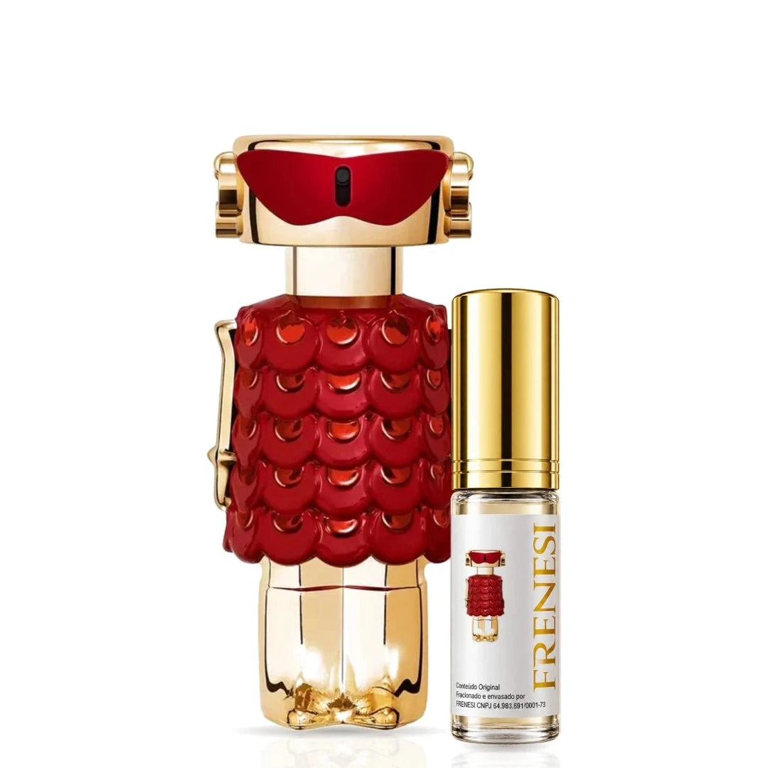 Fame In Love Parfum Elixir, de Paco Rabanne, ao lado do decant da Frenesi