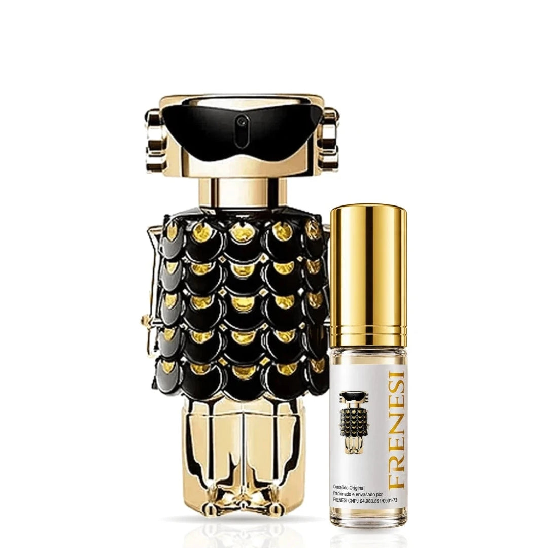 Fame Parfum Eau de Parfum, de Paco Rabanne, ao lado do decant da Frenesi