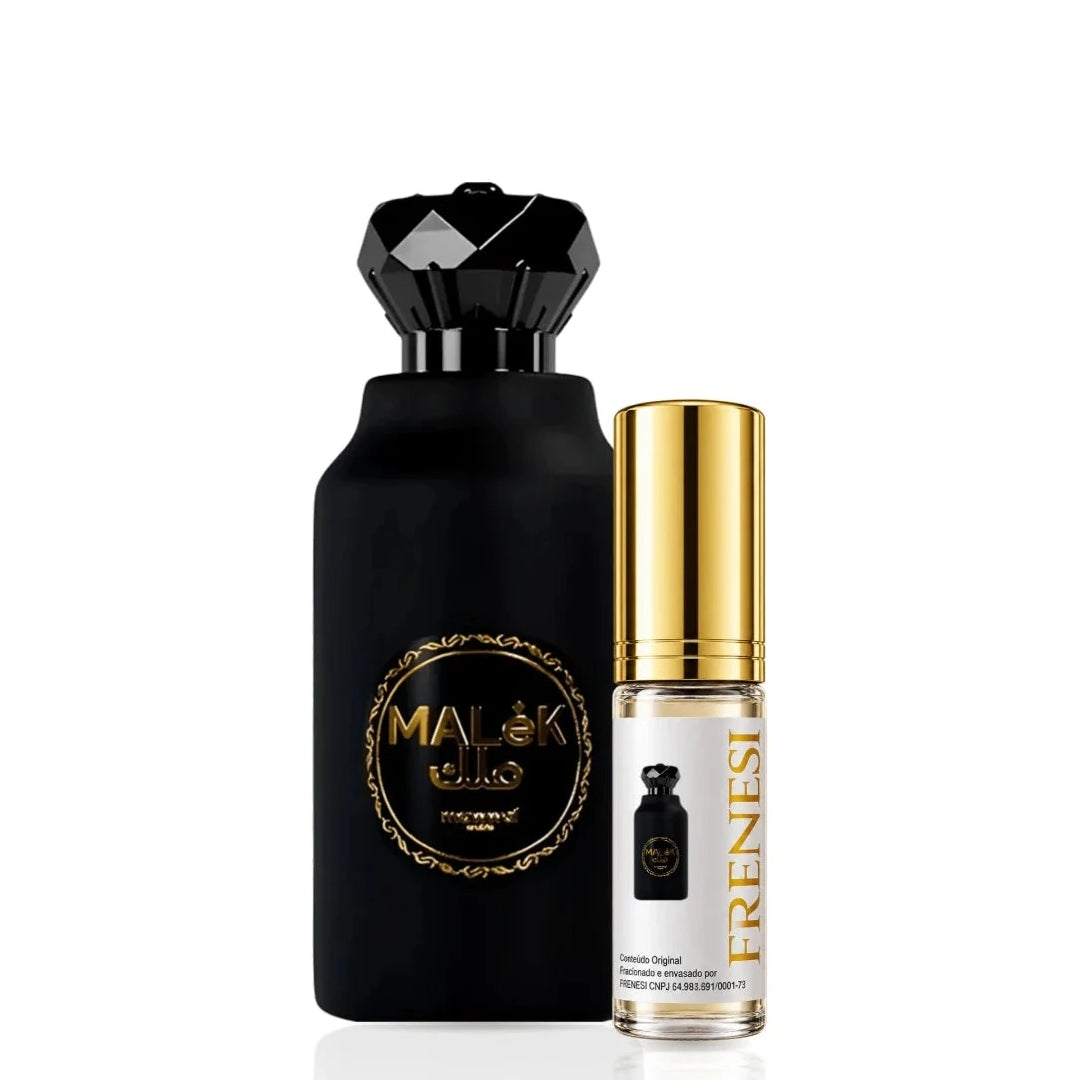 Fantasy Malek Eau de Parfum, de Mawwal, ao lado do decant da Frenesi