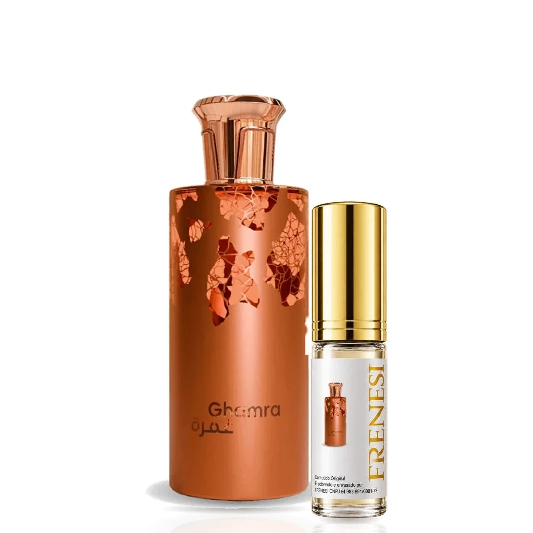 Ghamra Eau de Parfum, de Mawwal, ao lado do decant da Frenesi
