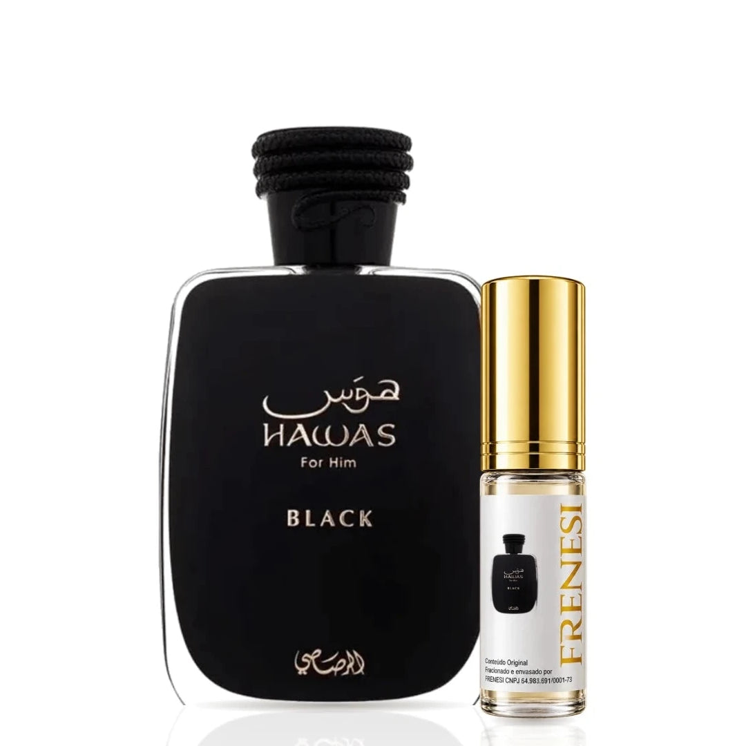 Hawas Black Eau de Parfum, de Rasasi, ao lado do decant da Frenesi