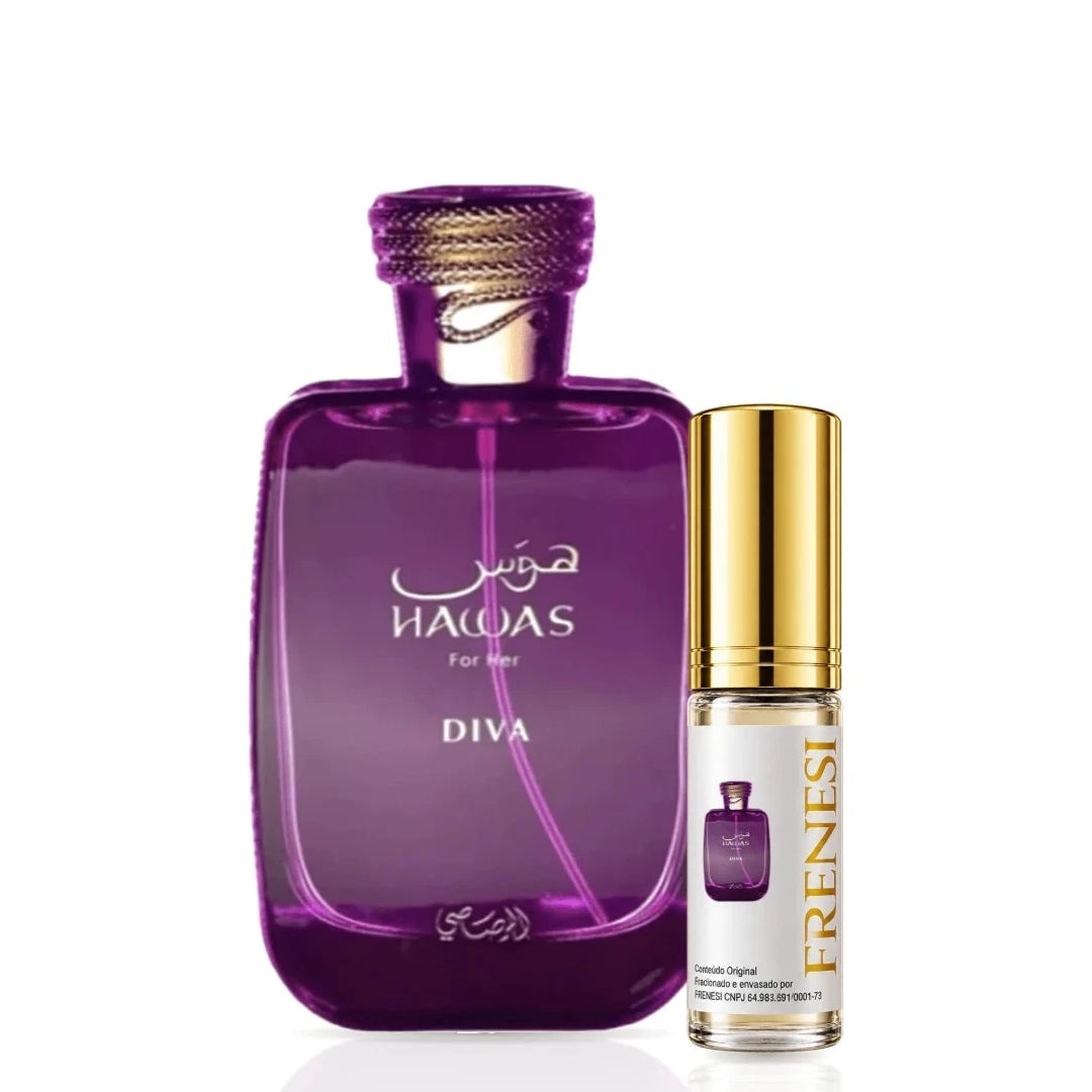Hawas Diva Eau de Parfum, de Rasasi, ao lado do decant da Frenesi