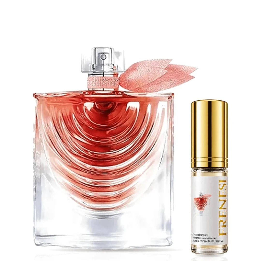 La Vie Est Belle Iris Absolu Eau de Parfum, de Lancôme, ao lado do decant da Frenesi