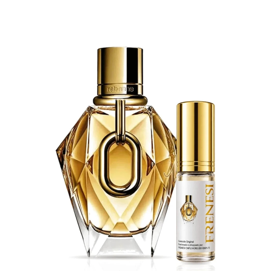 Million Gold Eau de Parfum, de Paco Rabanne, ao lado do decant da Frenesi