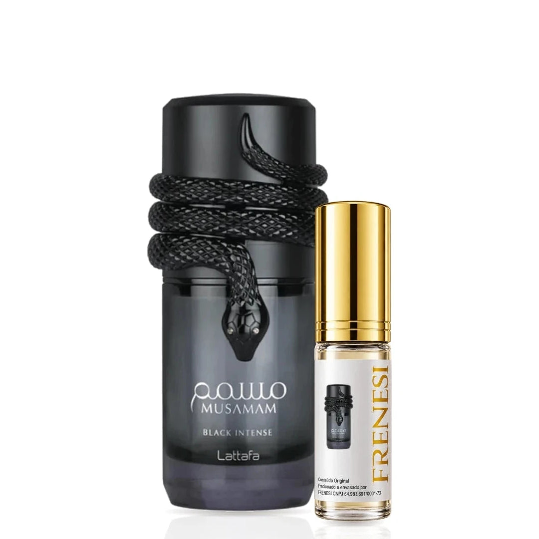 Musamam Black Intense Eau de Parfum, de Lattafa, ao lado do decant da Frenesi