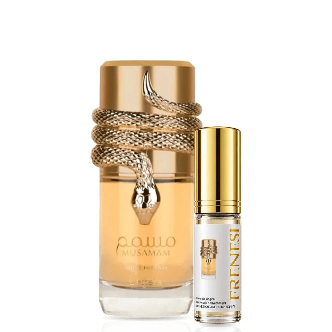 Musamam White Intense Eau de Parfum, de Lattafa, ao lado do decant da Frenesi