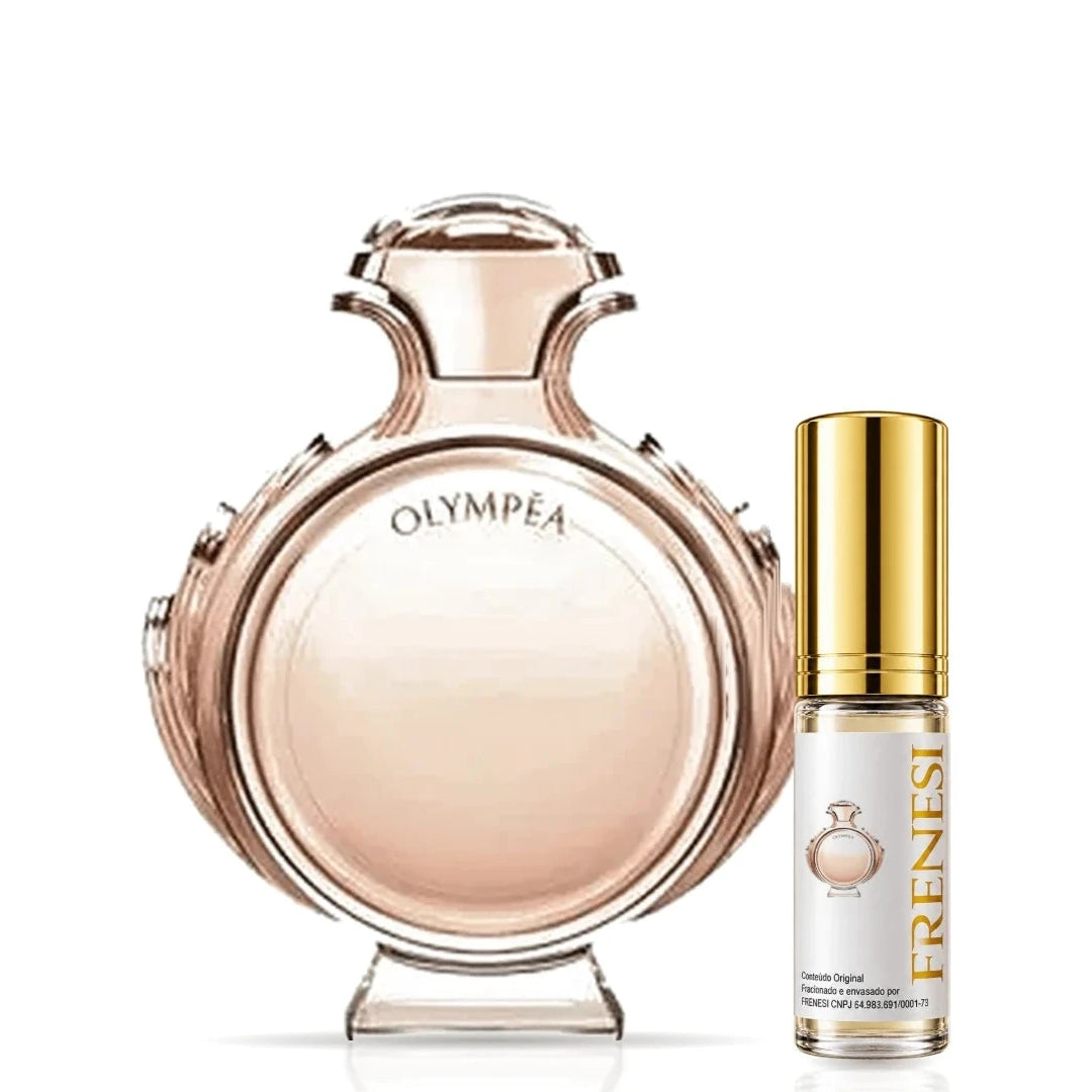 Olympéa Eau de Parfum, de Paco Rabanne, ao lado do decant da Frenesi