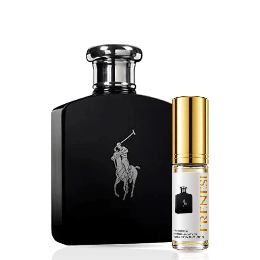 Polo Black Eau de Toilette, de Ralph Lauren, ao lado do decant da Frenesi