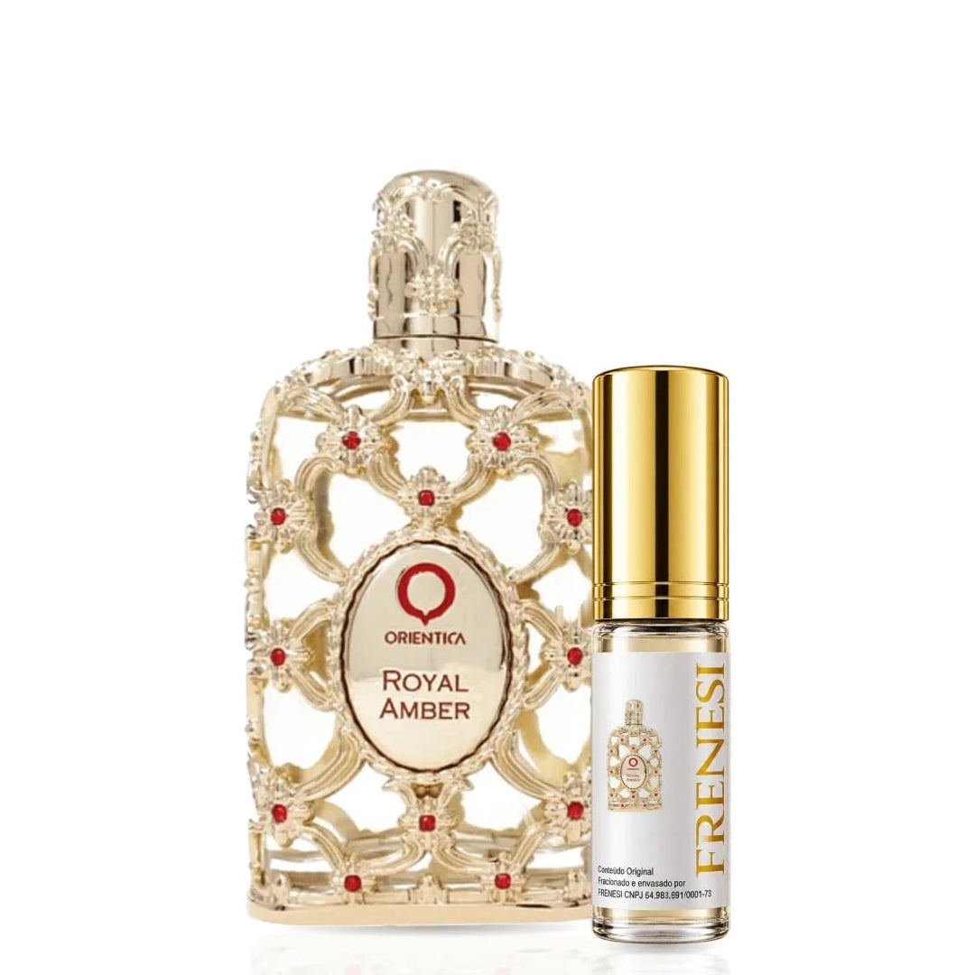 Royal Amber Eau de Parfum, de Orientica, ao lado do decant da Frenesi