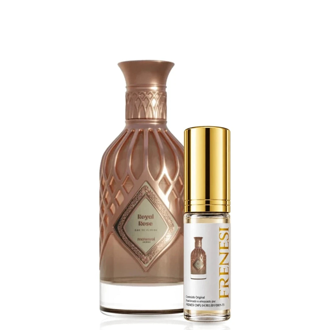 Royal Rose Eau de Parfum, de Mawwal, ao lado do decant da Frenesi