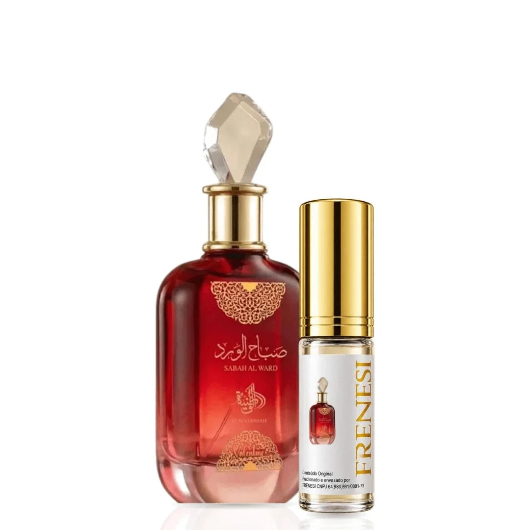 Sabah Al Ward Valentine Eau de Parfum, de Al Wataniah, ao lado do decant da Frenesi