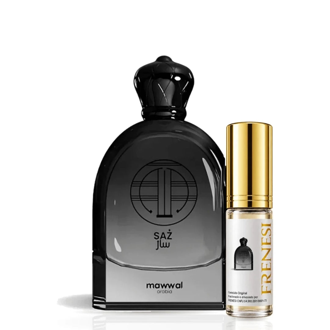 Saz Eau de Parfum, de Mawwal, ao lado do decant da Frenesi