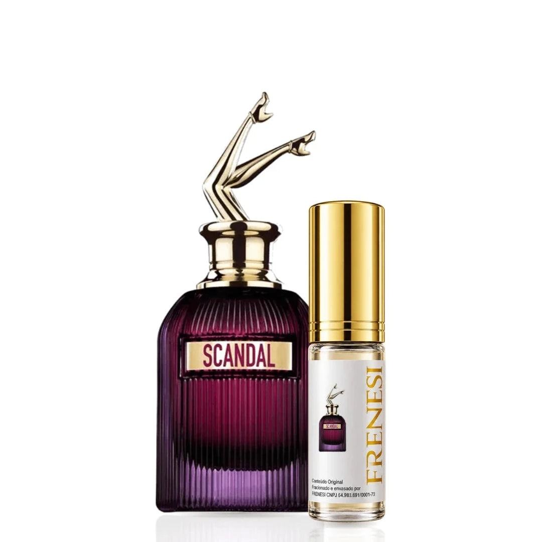 Scandal Intense Eau de Parfum, de Jean Paul Gaultier, ao lado do decant da Frenesi