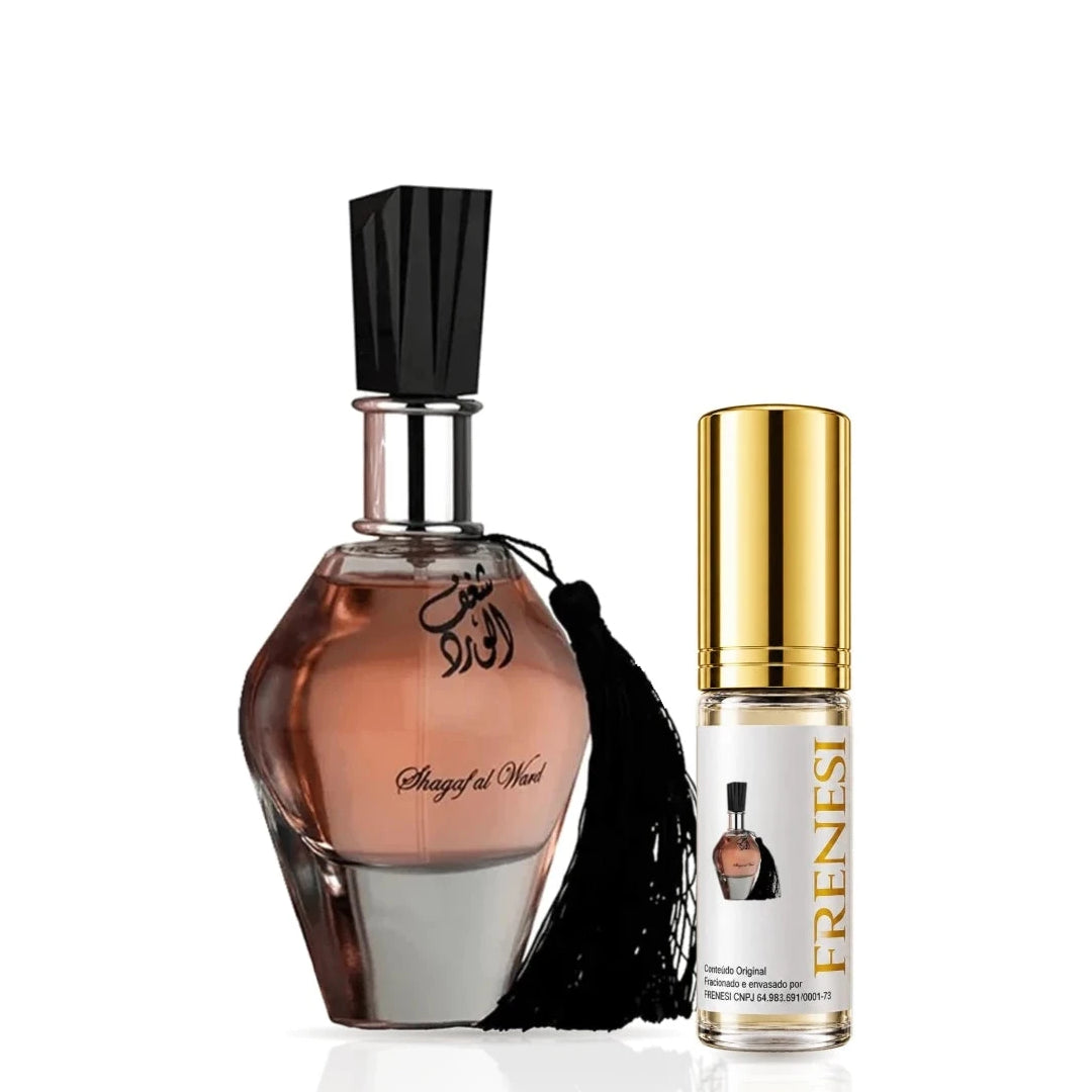 Shagaf Al Ward Eau de Parfum, de Al Wataniah, ao lado do decant da Frenesi