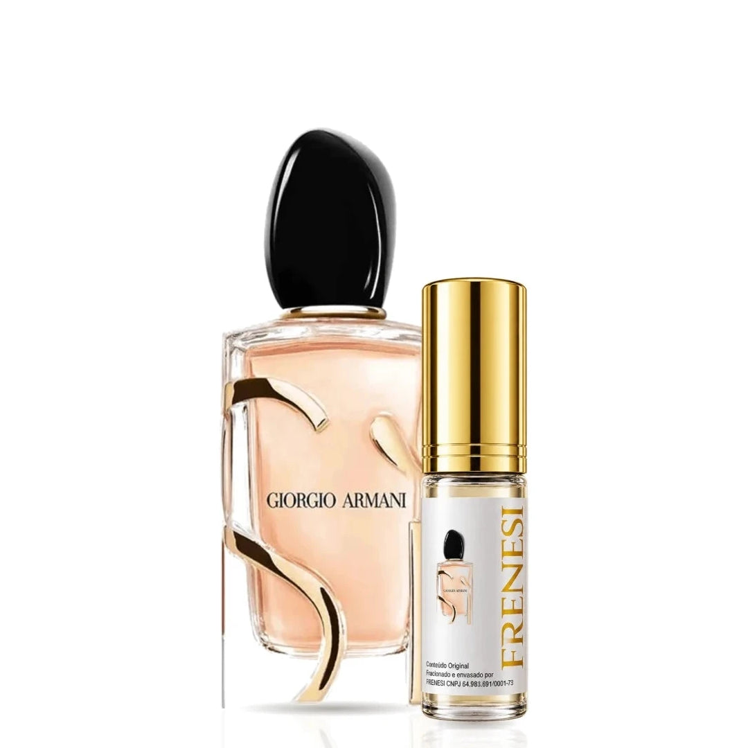 Sì Eau de Parfum, de Giorgio Armani, ao lado do decant da Frenesi