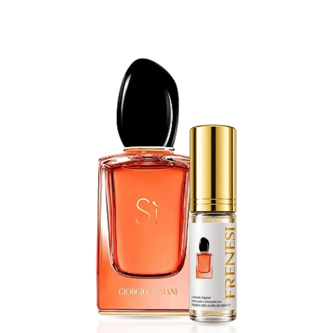 Sì Intense Eau de Parfum 2021, de Giorgio Armani, ao lado do decant da Frenesi