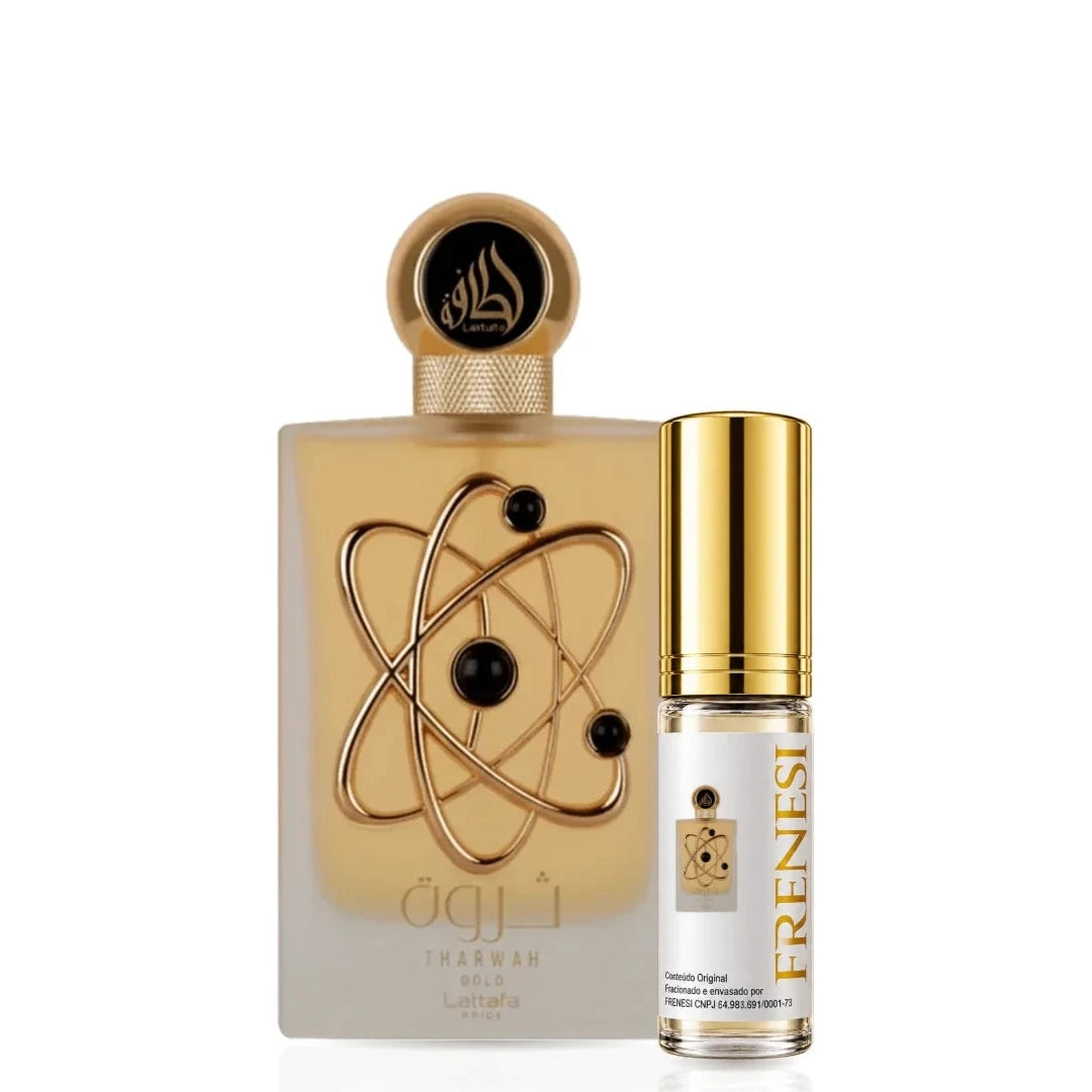 Tharwah Gold Eau de Parfum, de Lattafa, ao lado do decant da Frenesi