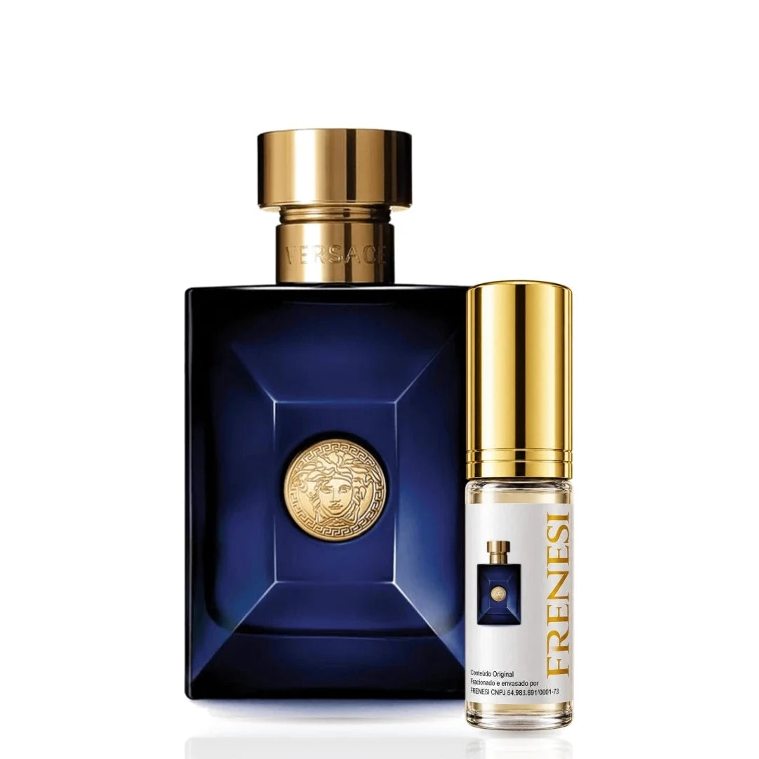 Versace Dylan Blue Eau de Toilette, de Gianni Versace, ao lado do decant da Frenesi