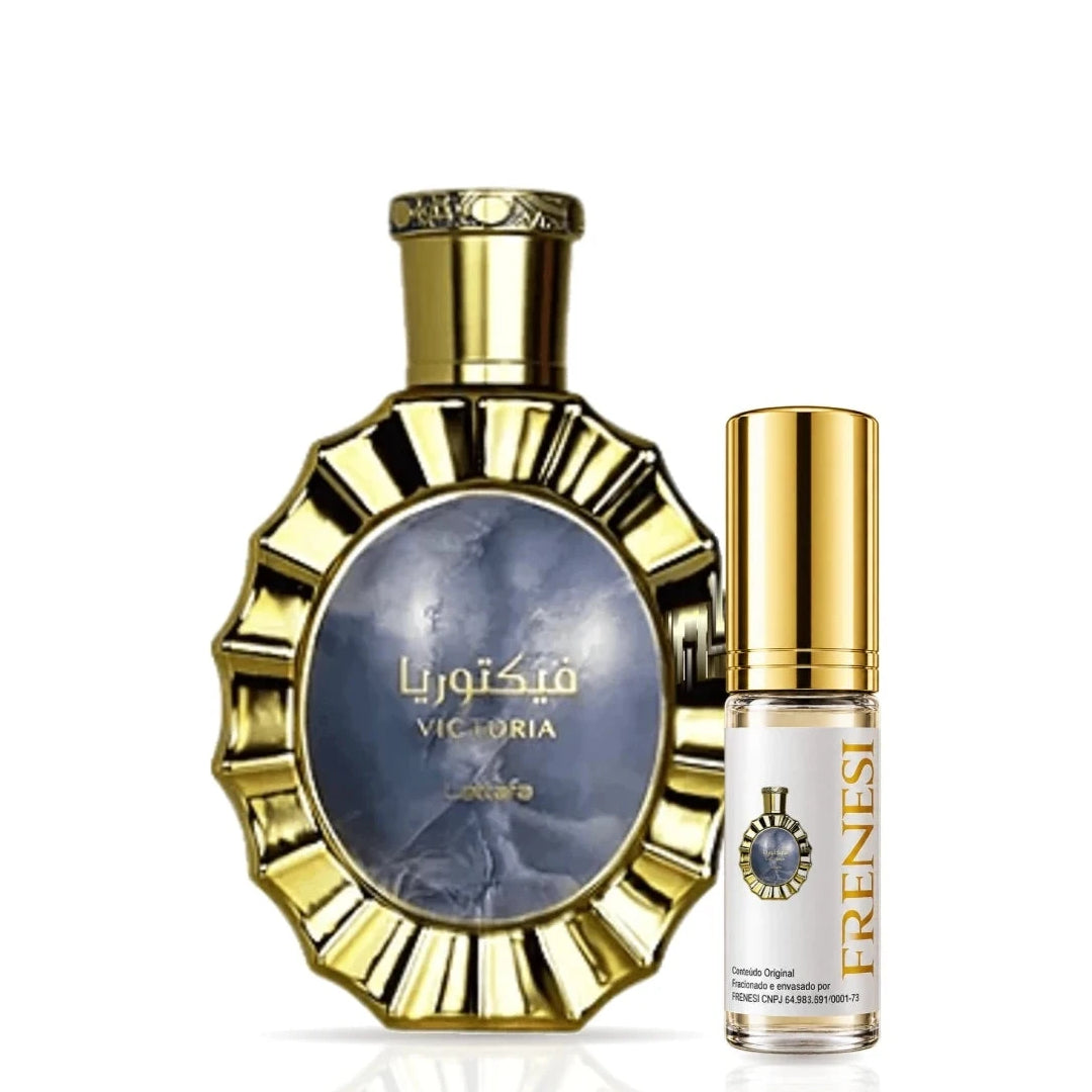 Victoria Eau de Parfum, de Lattafa, ao lado do decant da Frenesi